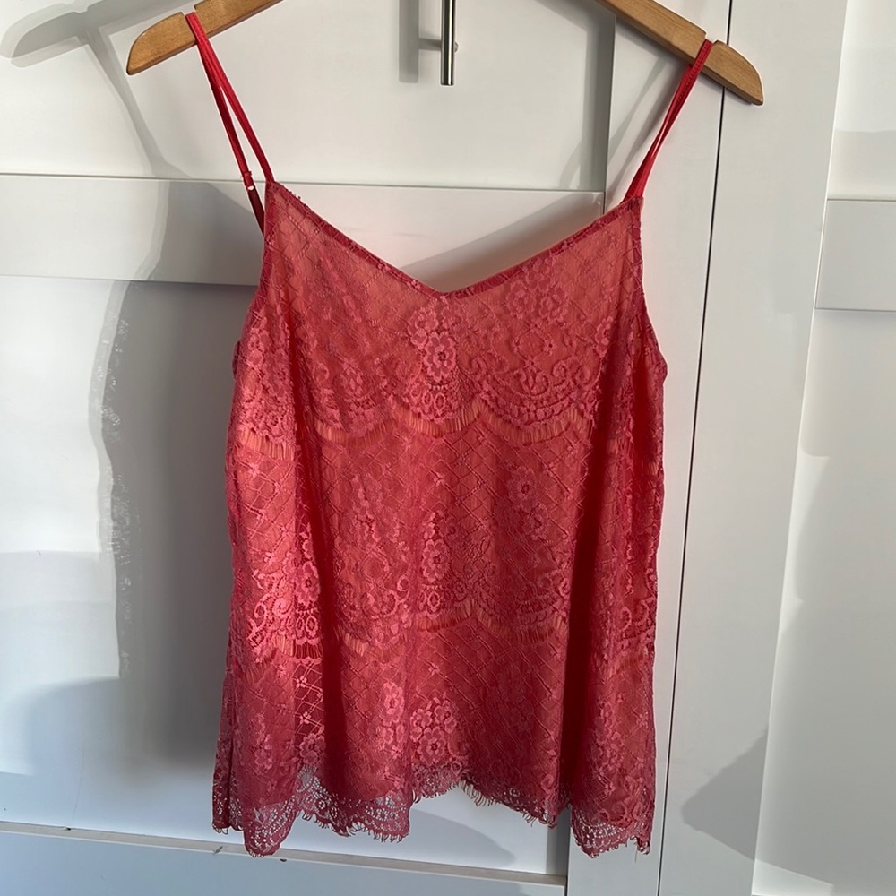 Coral spaghetti strap lace top. Size Medium